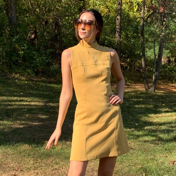 Vintage 60's Mustard Yellow Hippie Mod Mini Dress - Picture 6 of 8